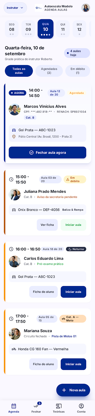 Protótipo da agenda do instrutor