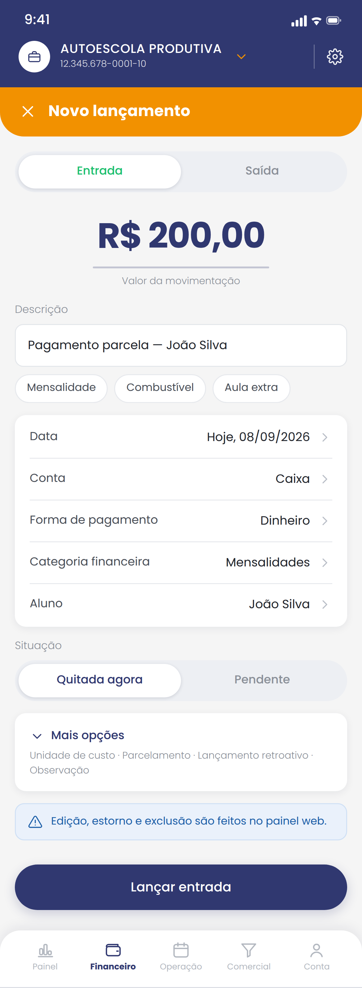 Lançar entrada ou saída